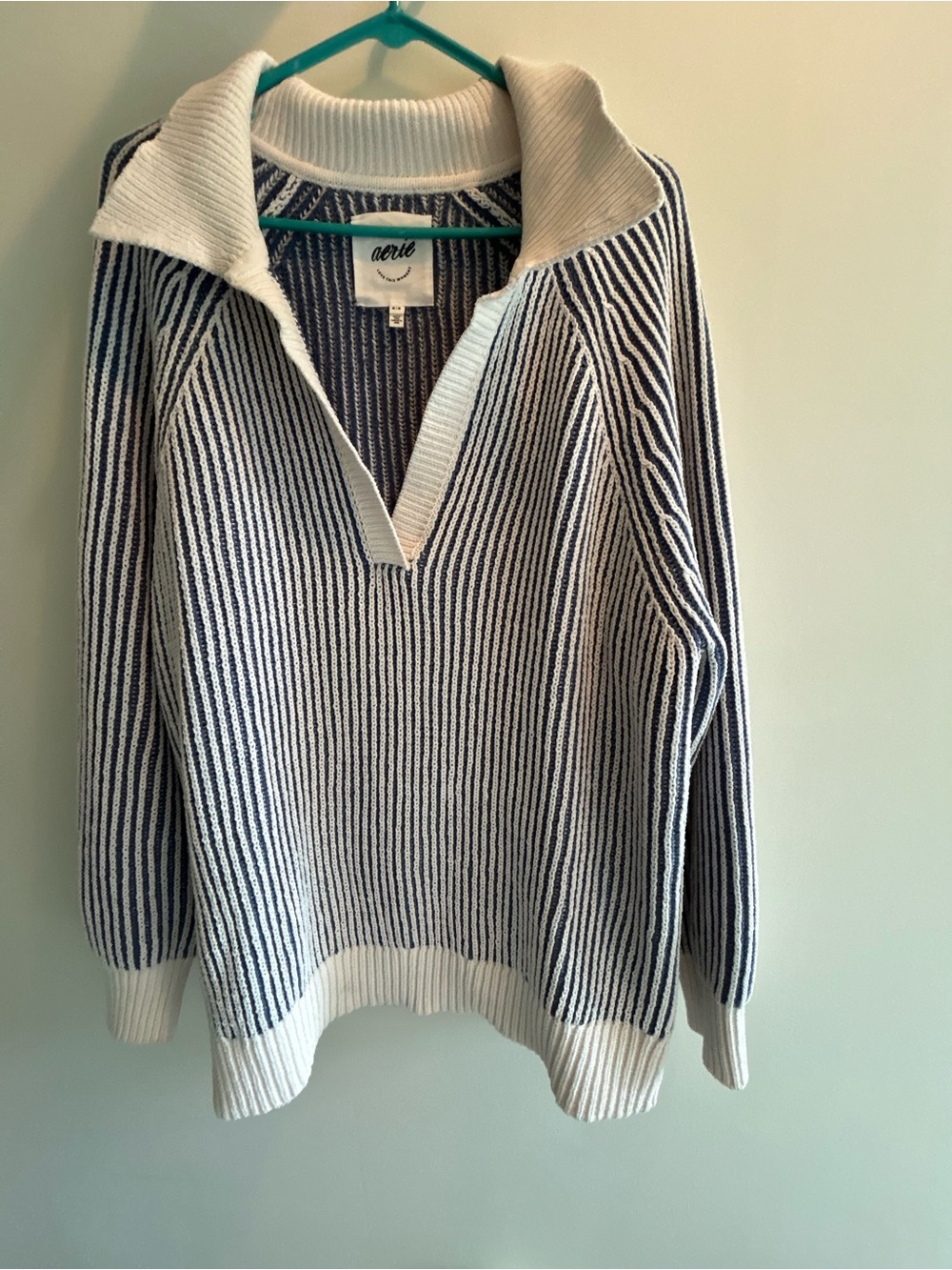 aerie Navy and White Striped V‑Neck Collared Sweater
